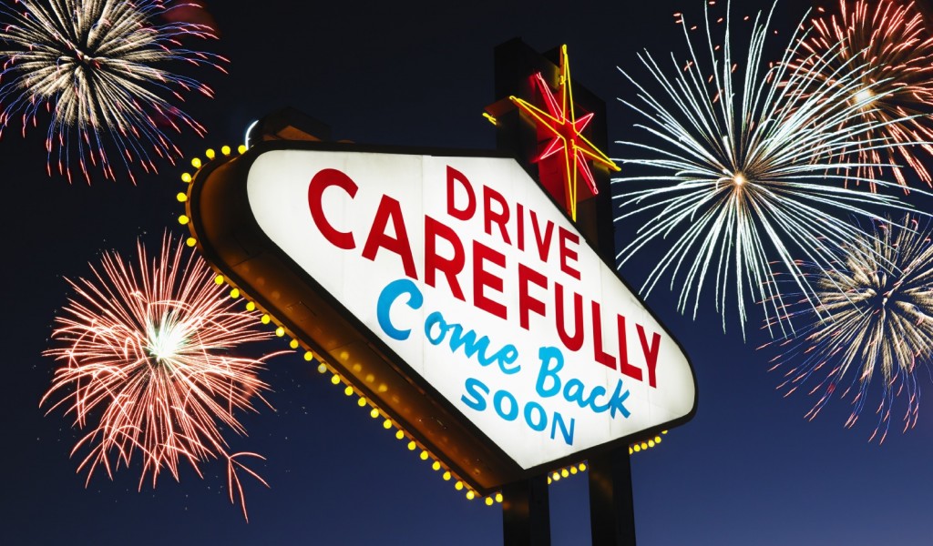 Leaving Las Vegas Sign With Fireworks in Background